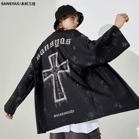 木村三社x救赎系列 防晒服男装十字架印花黑色风衣道袍夏季男图片
