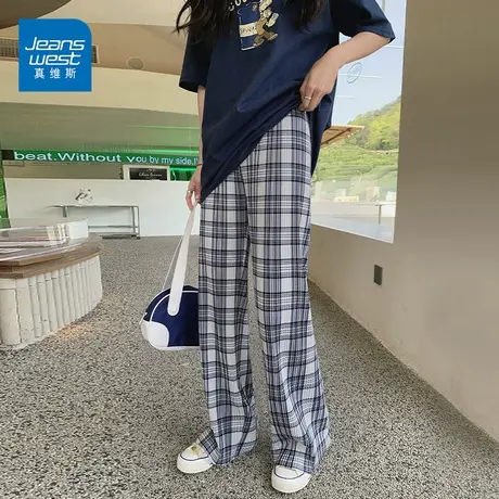 真维斯冰丝格子裤女夏季薄防晒裤垂感灯笼休闲裤子宽松束脚显瘦裤商品大图