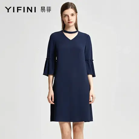 Yifini/易菲中袖V领中长款宽松直筒连衣裙图片