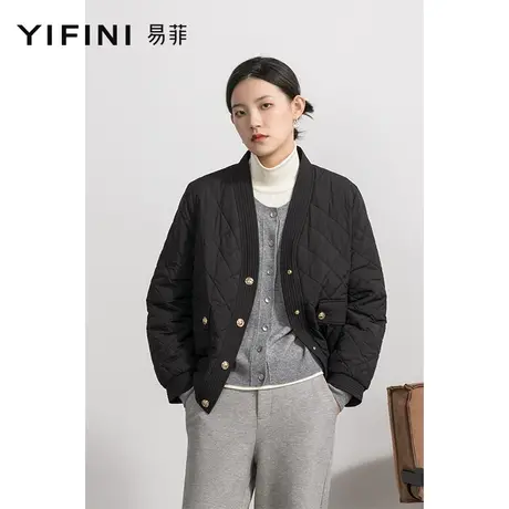 Yifini/易菲韩版棉服女秋冬新款单排扣外套V领开衫短款棉衣商品大图
