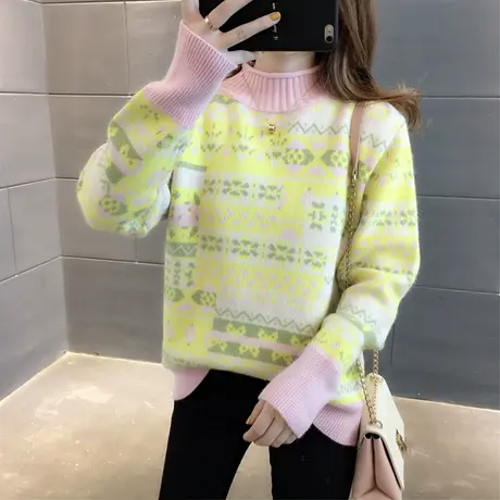 2023新款秋冬毛衣女套头拼色上衣针织衫韩版宽松休闲毛衣女外套商品大图