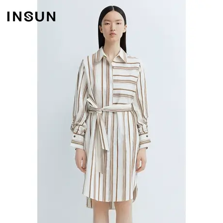INSUN恩裳春季棉质条纹拼接衬衫式连衣裙图片
