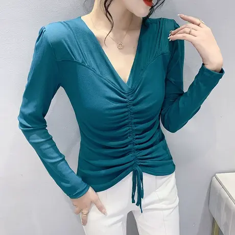 时尚抽绳V领长袖T恤女士欧货气质性感网纱上衣收腰显瘦打底衫春秋商品大图