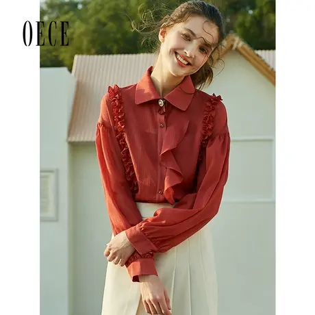Oece春装新款女装 嗲嗲甜蜜复古公举心花边翻领灯笼袖上衣图片