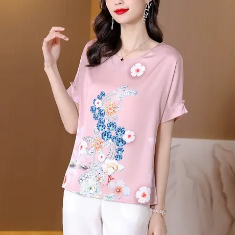 真丝短袖t恤女装2023年新款夏季桑蚕丝漂亮上衣大码妈妈中老薄款商品大图