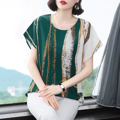 显瘦蝙蝠袖短袖T恤女2023夏季新款大码宽松妈妈装减龄气质女上衣商品大图