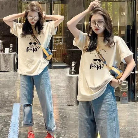 短袖t恤女2023夏季新款创意图案中长款遮屁股内搭上衣别致洋气潮商品大图