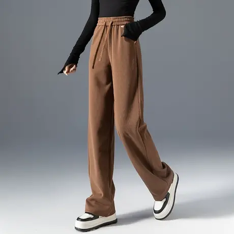 高腰窄版阔腿裤女2023新款秋季宽松针织咖啡色裤子休闲运动直筒裤图片