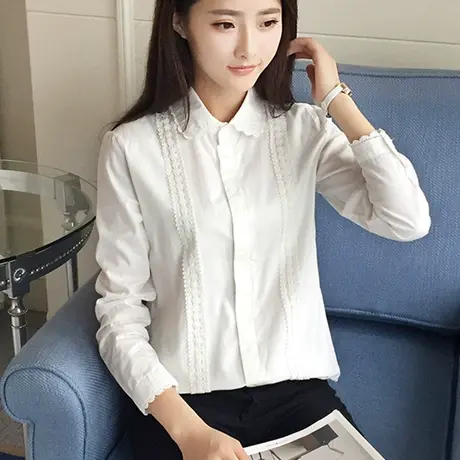 春秋新款韩版白色百搭长袖衬衣日系甜美蕾丝花边大码打底衬衫女棉图片