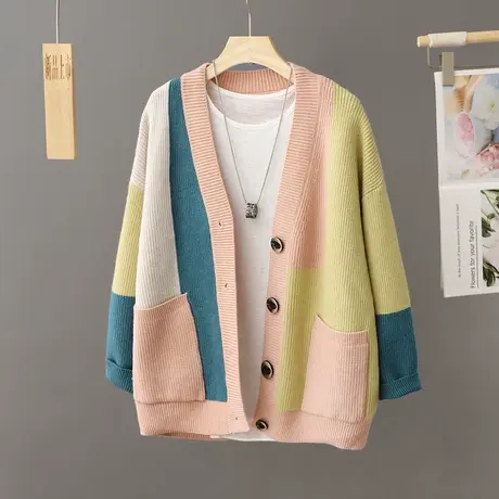 2024年秋装新款V领拼色针织开衫女长袖慵懒风宽松毛衣撞色外套女图片