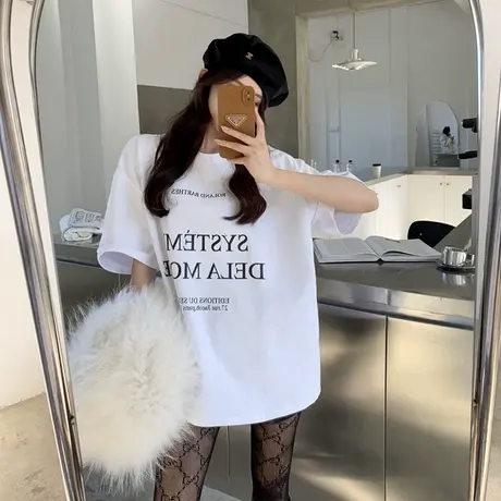 美式复古短袖t恤女2022早春大码半袖宽松韩版ins设计感小众上衣服商品大图
