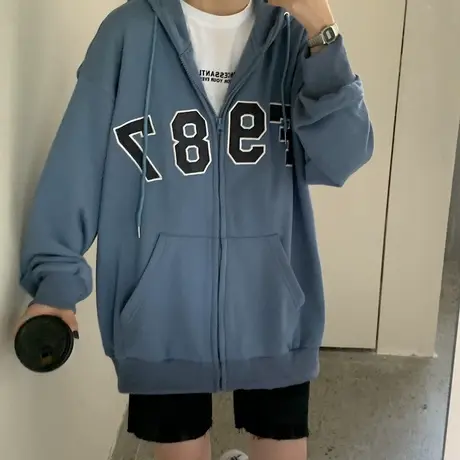 waitmore卫衣女2021秋冬宽松韩版bf慵懒风加绒加厚开衫外套潮ins商品大图