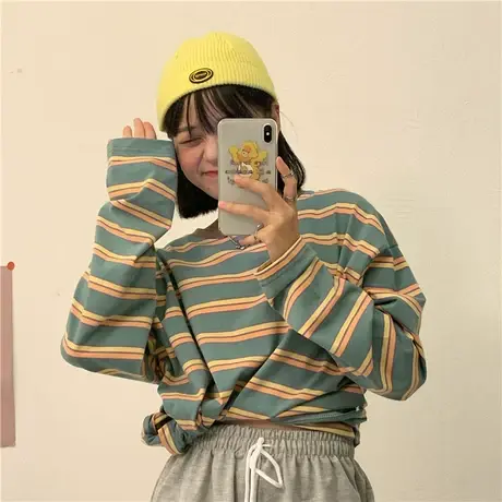 红续春装2023ins潮韩版新款彩虹条纹纯棉长袖T恤女学院风宽松上衣图片