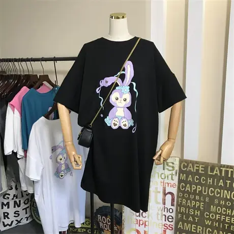 短袖连衣裙t恤女2021夏季新款时尚卡通兔宽松中长款显瘦懒人裙子商品大图