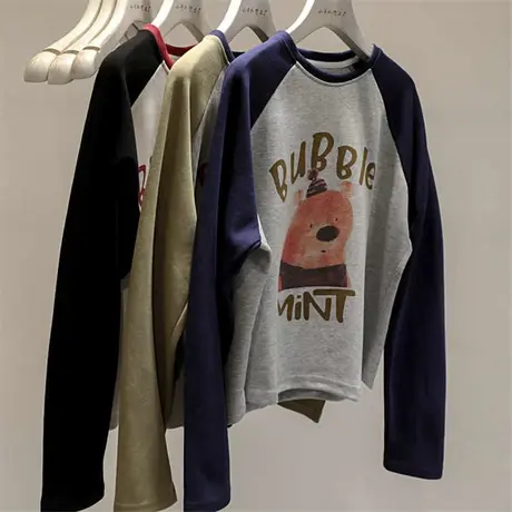 资深大厂出！秋季韩版ins减龄百搭卫衣小熊印花拼色套头T恤上衣女商品大图
