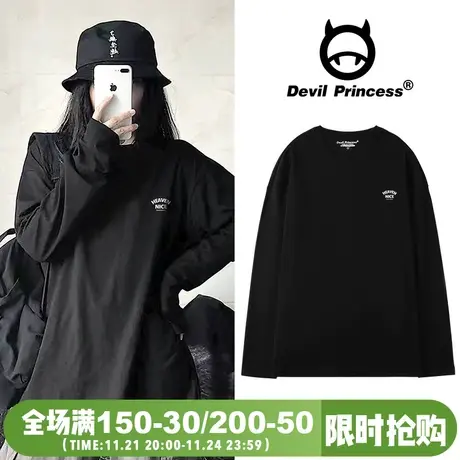 ulzzang街头风黑色慵懒打底长袖t恤女小众字母印花chic显瘦上衣潮商品大图