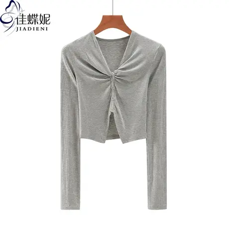 夏季新款韩版V领修身纯棉纯色短款显瘦纯欲长袖体恤上衣女打底衫商品大图