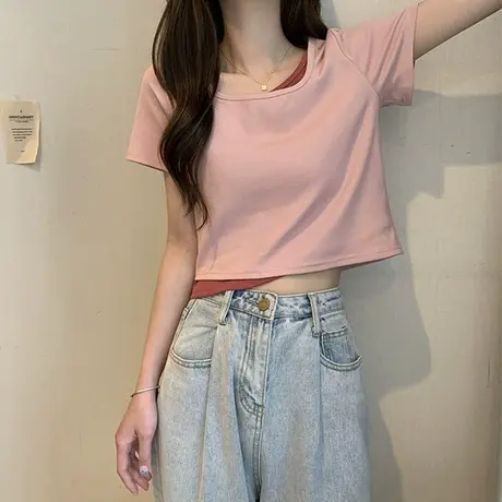 短袖t恤女ins潮夏装2024新款纯欲锁骨拼接假两件独特辣妹短款上衣商品大图