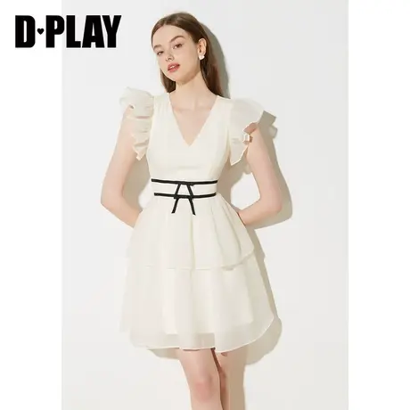 DPLAY夏新款气质名媛风收腰奶杏色两层蛋糕大摆连衣裙图片