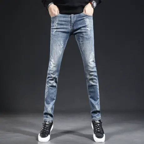 高端品质牛仔裤男款2023新款秋季修身小脚裤印花蓝色弹力男士裤子商品大图