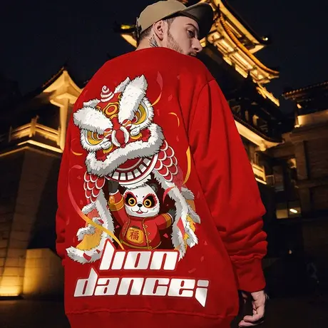 红色卫衣2024新款加肥加大醒狮oversize大码男装加绒加厚春秋冬季图片