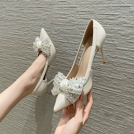 法式小众蝴蝶结水钻高跟鞋女细跟2024年夏季新款尖头浅口百搭单鞋商品大图