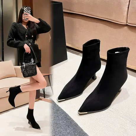 黑色弹力瘦瘦靴女2023年新款秋冬爆款尖头细跟高跟短靴子女中筒靴商品大图
