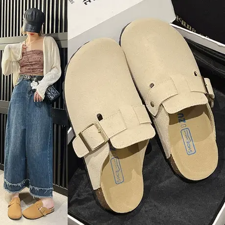 勃肯鞋女包头半拖鞋女外穿2024新款秋季爆款平底一脚蹬复古懒人鞋商品大图