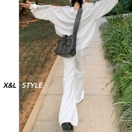 米白微喇叭牛仔裤女秋冬2023新款高腰显瘦设计感阔腿宽松马蹄裤子商品大图