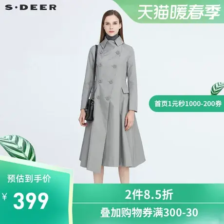 sdeer圣迪奥女装设计感翻领双排扣收腰通勤长款春秋风衣S20381805🐢图片