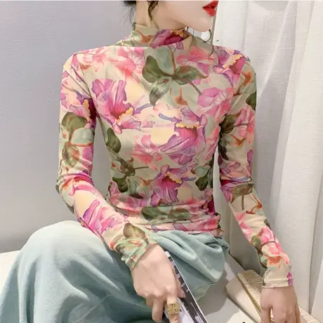 半高领长袖打底衫女秋冬新款网纱印花洋气内塔上衣修身T恤打底衫商品大图
