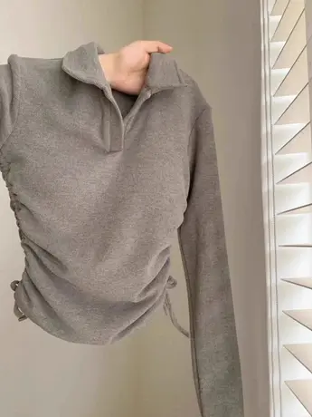 设计感小众抽绳正肩长袖t恤女短款内搭打底衫修身显瘦polo领上衣商品大图