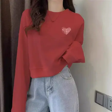 打底衫酒红色圆领卫衣女2024秋冬新款银狐绒加绒小个子爱心上衣图片