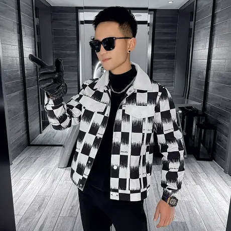 秋季男士格子夹克外套男装修身机车潮牌潮流时尚休闲学生百搭ins商品大图