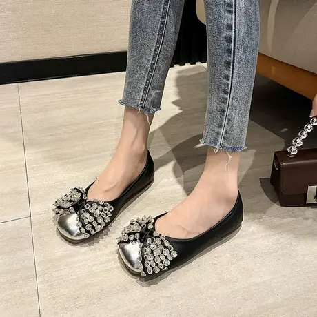 法式豆豆鞋女2025新款时尚洋气蝴蝶结单鞋子软底一脚蹬浅口小皮鞋图片