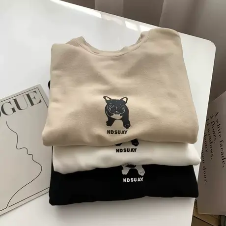 韩版法斗印花双面德绒长袖T恤女加厚宽松纯色内搭圆领打底衫秋冬商品大图