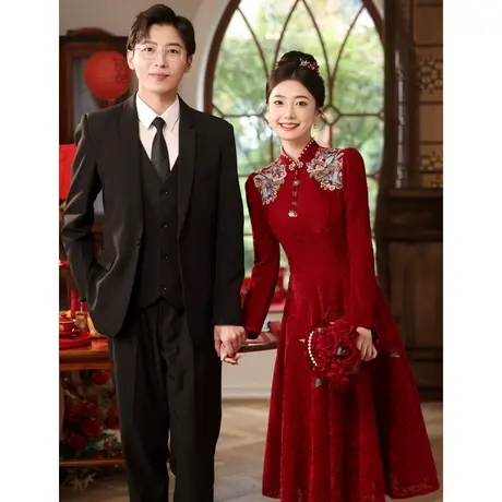 中式旗袍敬酒服2023新款新娘高级感冬季长袖订婚礼服回门服小个子图片