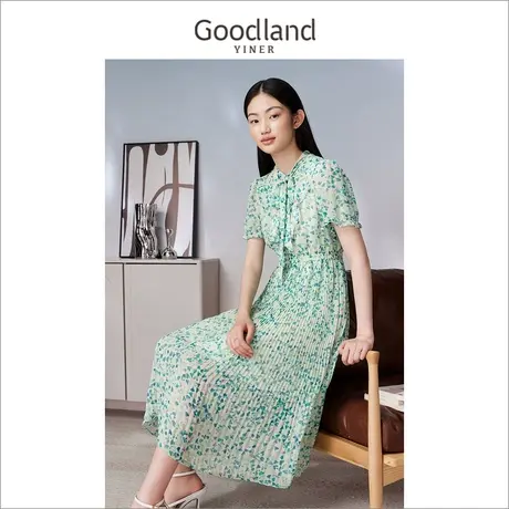 Goodland美地女装2023夏季印花泡泡袖系带领收褶连衣裙商品大图