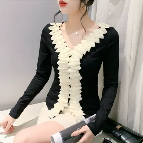 春装2024新款T恤女镂空拼接V领荷叶边长袖洋气减龄上衣修身打底衫商品大图