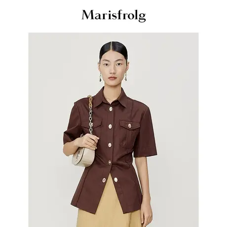 【复古风】玛丝菲尔2022年夏新款深棕色时尚修身气质短袖衬衫女装图片