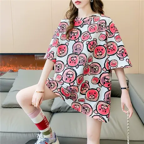 2024年韩国百搭卡通印花短袖T恤女宽松大码粉色情侣装潮牌ins潮图片