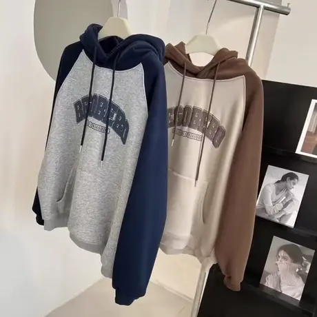 连帽卫衣女春秋薄款宽松韩版撞色插肩长袖情侣装上衣服外套潮ins商品大图