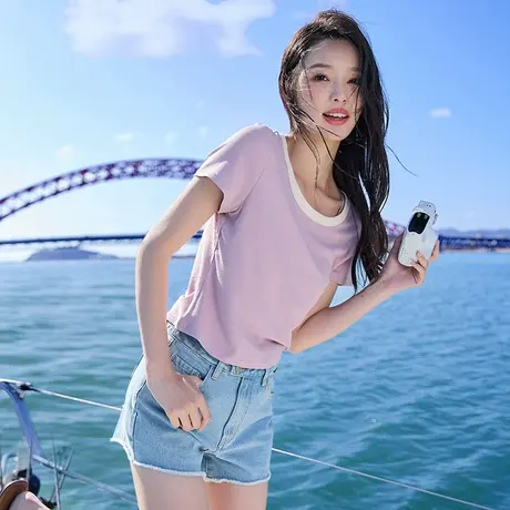 唐狮2024新款撞色圆领短袖T恤女夏季内搭打底衫修身休闲上衣1.19商品大图
