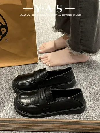 黑色小皮鞋英伦风单鞋女2024新款春季平底乐福鞋百搭工作鞋一脚蹬商品大图