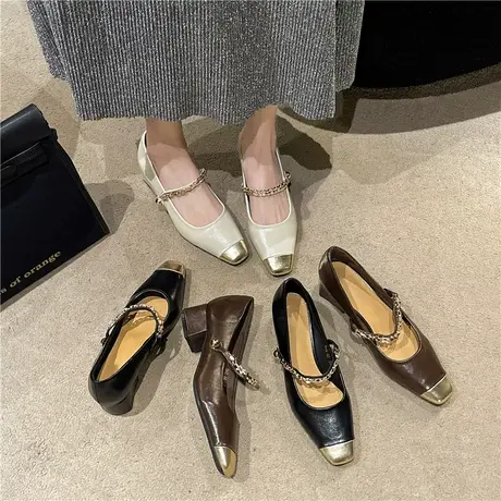 小香风玛丽珍高跟鞋女粗跟小皮鞋一字带方头奶奶法式晚风温柔单鞋图片