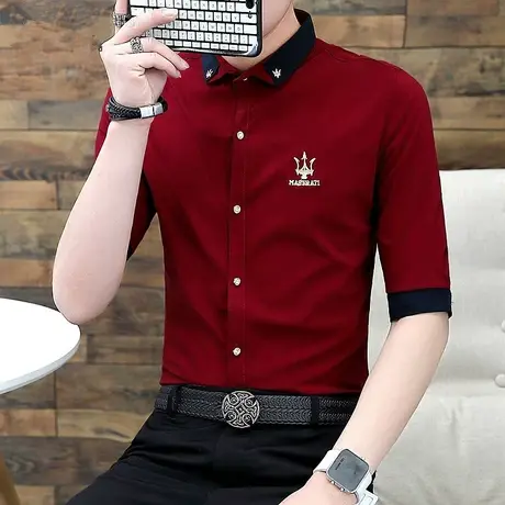 男士休闲短袖衬衫男春夏季七分袖韩版修身衬衣发型师薄款中袖寸衫商品大图