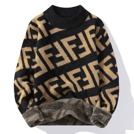 半高领水貂绒毛衣秋冬季男士加绒加厚针织打底衫潮流线衣冬装上衣商品大图