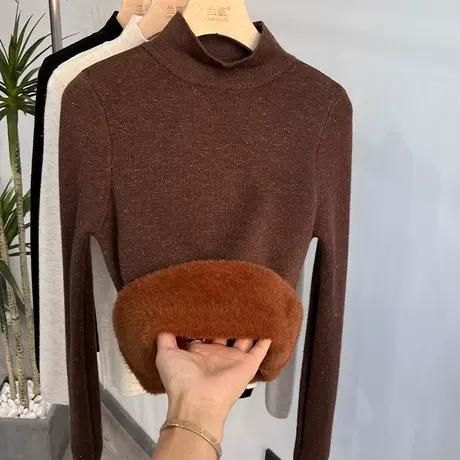 一体绒保暖打底衫女2023早春新款加绒加厚抗寒内搭水貂绒套头毛衣商品大图