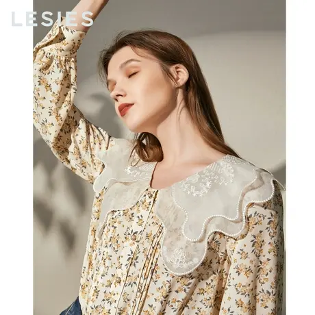 蓝色倾情 秋女装新款 米色碎花雪纺法式绣花领长袖衬衫上衣商品大图