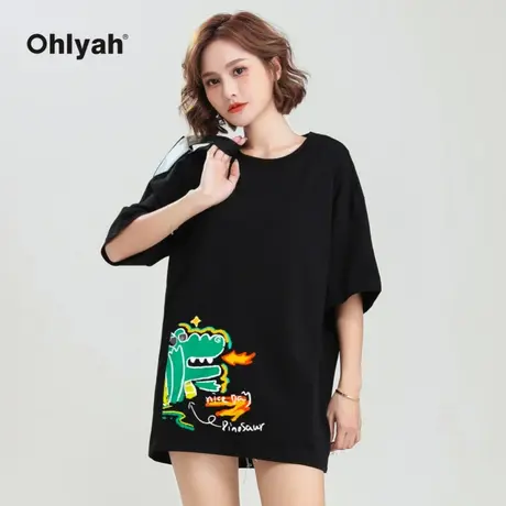 Ohlyah2023夏季超火潮牌少女宽松卡通恐龙T恤纯棉情侣短袖打底衫商品大图